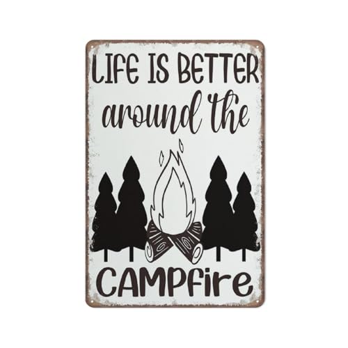 Cartelli divertenti per il campeggio, la vita è migliore attorno al fuoco, citazione sul campeggio, cartelli per il campeggio, cartello in metallo divertente per cucina, giardino, bagno, fattoria, cas