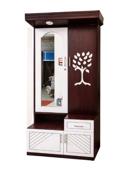 Wooden Dressing Table with Mirror, Brown and White, Tree Design, Storage Cabinet with Drawer-image-37