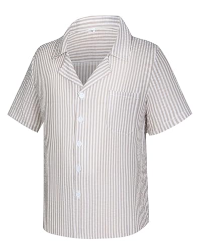 Image of Boys Summer Textured Outfit Beach Short Sleeve Button Down Shirts and Shorts 2 Piece Vacation Clothing Set for Kids