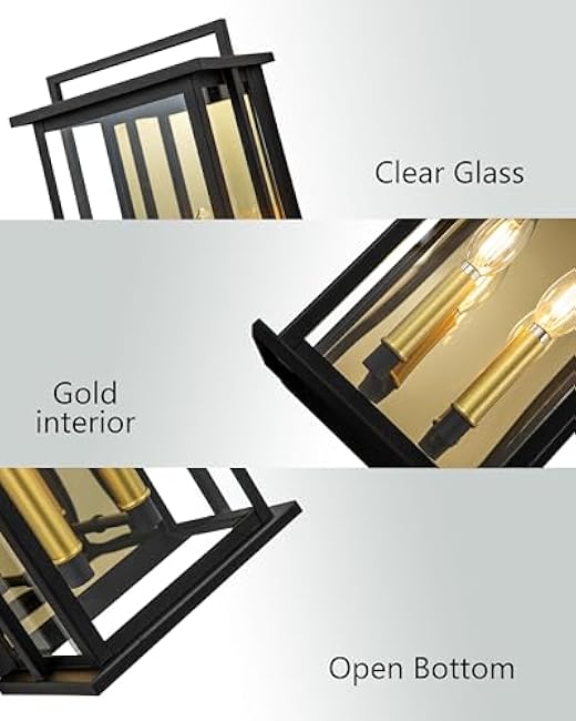 Outdoor Wall Lights with Clear Glass, Black Exterior Porch Lights Wall Mount, Outdoor Wall Sconce with Gold Candelabra Interior, Wall Lantern, Patio Light Fixture for House, Entryway, Garage