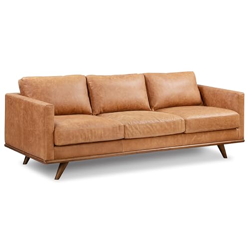 POLY & BARK Nolita 85” Leather Sofa – Full-Grain Italian Aniline Leather, Feather-Down Comfort, Solid Wood Base – Cognac Tan