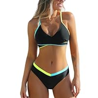 CUPSHE Damen Bikini Set V Ausschnitt Zweiteilige Bademode Farbblock Ausschnitte Kreuzverbund Rücken Selbstbindend Badeanzug Damen Schwimmanzug Schwarz XS