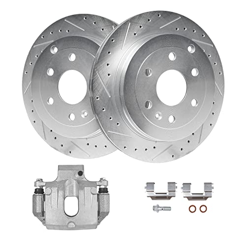 Image of Detroit Axle - Rear Drilled Brake Rotors + Right Brake Caliper Replacement | for Traverse Acadia Buick Enclave Saturn Outlook - 3pc Set