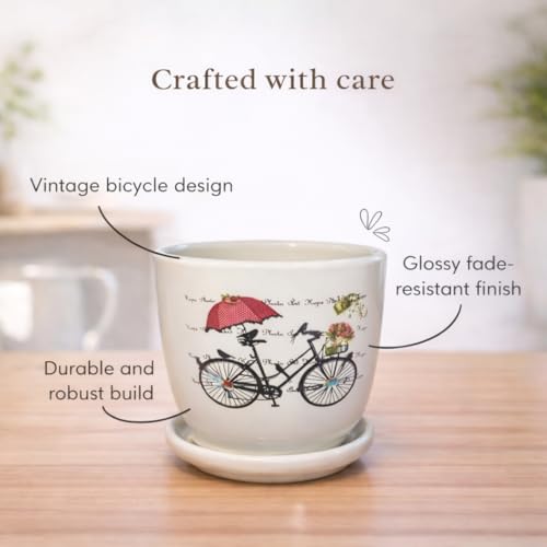 Image of Urban Upvan Cycle Design Printed Ceramic Pot with Tray - Premium Decorative Planter for Indoor & Outdoor Plants, Modern Elegant Flower Pot for Home, Garden & Office