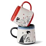 BICETTO Handmade 15oz Japanese Ukiyo-e Large Ceramic Coffee Mug, Artistic Pottery Big Tea Cup for Office & Home, Microwave & Dishwasher Safe (Samurai & Geisha)