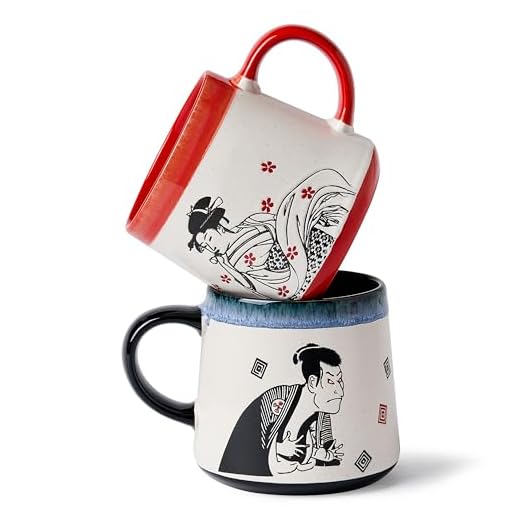 BICETTO Handmade 15oz Japanese Ukiyo-e Large Ceramic Coffee Mug, Artistic Pottery Big Tea Cup for Office & Home, Microwave & Dishwasher Safe (Samurai & Geisha)