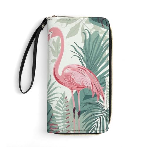 Women Wallets Cartoon Flamingo Leaves Leather Wallet for Women Thin Wallet with Zipper Pocket Card Holder