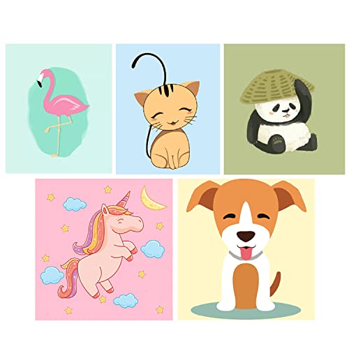 Malen nach Zahlen für Erwachsene und Kinder, DIY-Ölgemälde, Geschenk-Set, vorgedruckt, 20,3 x 20,3 cm, Leinwand, Panda, Einhorn, Katze, Flamingo, Hund für Anfänger, 5 Stück Cover