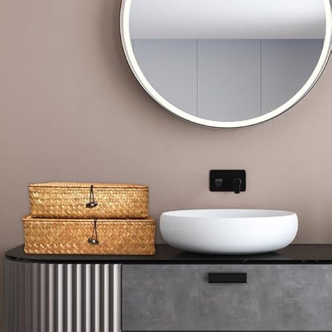 5 Pcs Seagrass Basket with Lid 5 Sizes Decorative Storage Boxes Rattan Wicker Storage Basket with Lids Woven Organizer Baskets Multipurpose Flat Storage Bins for Shelf Closet Bedroom (Brown)