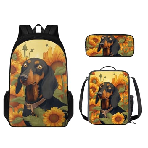 Set zaino per bambini 3 pezzi leggero con borsa per il pranzo e astuccio coordinati Bassotto Girasole - Giallo e Marrone Taglia unica Zaino per