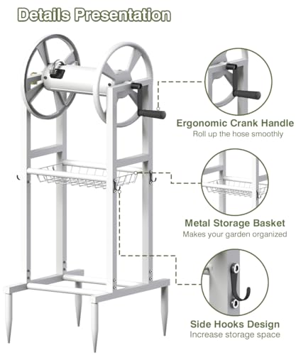 Image of Freestanding Garden Hose Reel holds 125ft Hose of 5 /8 inch with 4 Hooks, 4-Spike Outdoor Hose Holder with 3.9ft Leader Hose & Brass Fitting, Detachable Metal Hose Stand with Storage Rack, White