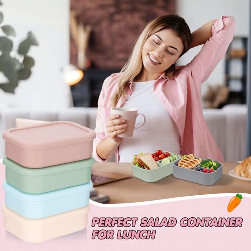 Image of Layhit 6 Pcs Silicone Bento Box for Adults, 27 oz Bento Lunch Container Reusable Food Container for Women Men, Leak Proof Microwave Dishwasher Freezer Safe (3 Compartments,Morandi Colors)