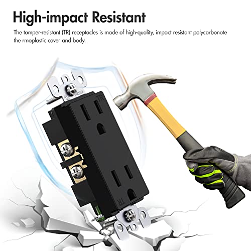 Decorator Receptacle Outlet With Wall Plates, 15 Amp, 125 Volt, Tamper Resistant, Grounding Ul Listed Black Micmi Glossy Black(15A Outlet With Wallplates 10Pack) #TOP3