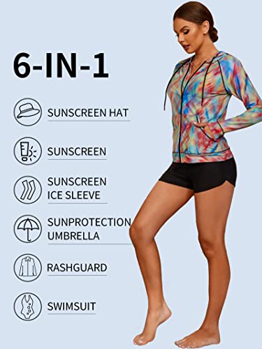 Attraco Women's Long Sleeve Hooded Rash Guard Shirt Adjustable Side Pocket Upf 50+ Zippper Top Rainbow Large #TOP4
