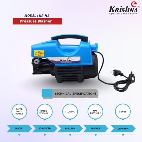 Image of Krishna KR-H1 High Pressure Washer 1800W | 160 Bar | 10L /min | Induction Motor | Electric Jet Cleaner for Car | Home | Patio | Garden | Driveway | Complete Accessory Kit | Portable Design