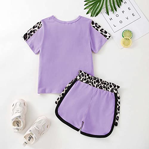 Focutebb 3 Years Old Girl Clothes Toddler Summer Outfits Cute Baby Short Sleeve Leopard Tops T-Shirt + Camo Shorts Set Sport Suits Tracksuit Girl Summer Outfits Set Purple Leopard 3-4T 110Cm #TOP2