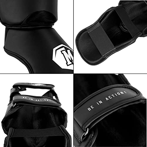 Foto von MADGON Schienbeinschoner mit perfektem Sitz und idealer Polsterung! Schienbein-Schutz mit geringer Schweißentwicklung. Beinschützer für Kampfsport, MMA, Kickboxen + Beutel | Schwarz/Weiß Größe L