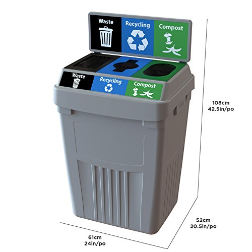 CleanRiver Flex E Bin - 50 Gallons | 3-in-1 Streams | Waste, Recycling, & Compost Basket with Backboard | Grey Color