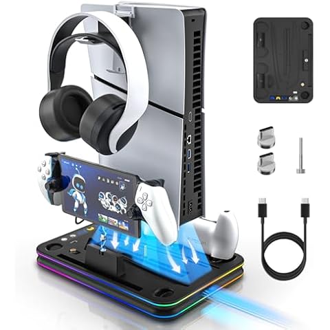3-in-1 PS5 Charging Stand, PS5 Cooling Station with RGB LED Light and Cooling Fan, PS5 Controller Charger for Dual Sense/Edge Controller, and Holders for Headset, Remote, and PS Portal Charger Cover