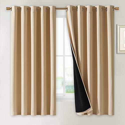 Image of NICETOWN Bedroom Full Blackout Curtain Panels, Super Thick Insulated Window Covers, Complete Blackout Draperies with Black Liner for Short Window(Biscotti Beige, Set of 2 PCs, 70 by 63-inch)