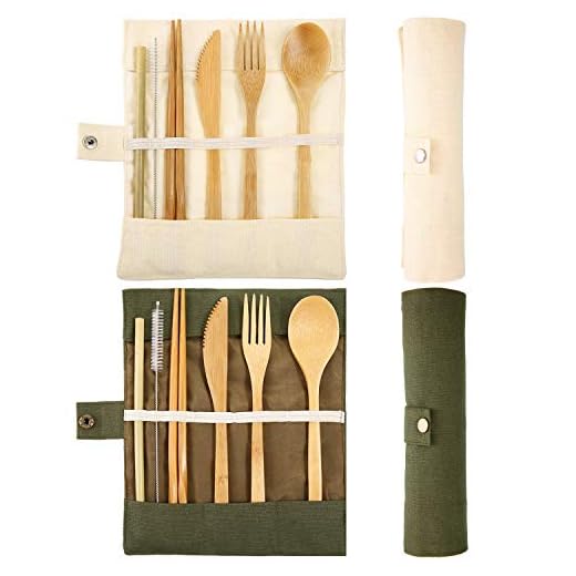 2 Set Bamboo Cutlery Set, Bamboo Travel Eco Friendly Utensils Flatware Set Include Reusable Bamboo Fork Spoon Knife Chopsticks Straws Metal Brush