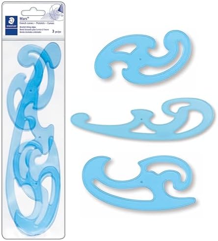 STAEDTLER Mars Professional French Curve Design Ruler Set for Pattern Making, 3 Essential A B C Shapes, Blue Transparent Plastic with Inking Edge