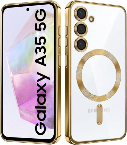 Image of VONZEE Clear Logo Electroplating Transparent Case for Samsung Galaxy A35 5G, Magnetic Plating Electroplate TPU Cover, Individual Camera Protection for Each Lens- Gold