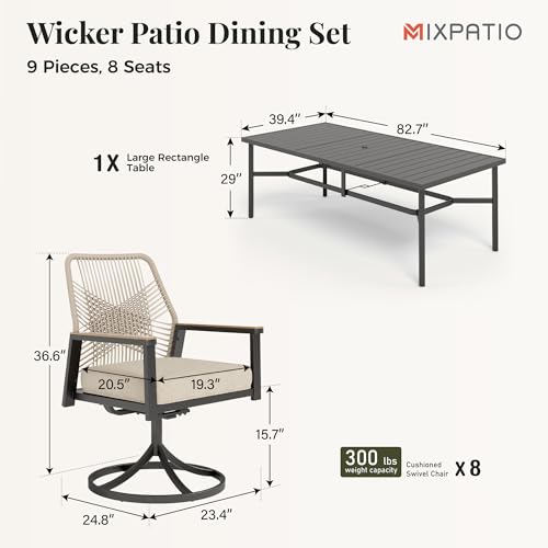Image of MIXPATIO 9 Pieces Outdoor Patio Dining Set, Wicker Patio Table and Chairs Set of 8, Swivel Wicker Chairs with 3.2 inch Cushion and 83 inchx40 inch Rectangular Table with Umbrella Hole for Yard, Porch, Beige