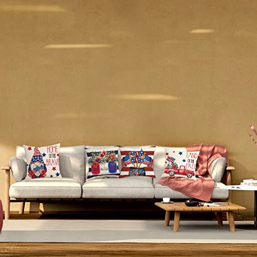 4Th Of July Pillow Covers, Independence Memoria Day Set Of 4 18X18 Patriotic Gnomes America Stars And Stripes God Bless America Sweet Land Of Liberty Cushion Case For Sofa Couch Bed Home Outdoor Car #TOP2