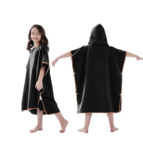 jooeer Poncho de Bain Enfant Serviette Microfibre de Plage Serviette Piscine avec Capuche, Poncho Natation à Séchage Rapide pour Garçons Filles Été Surfant Voyage, Noir