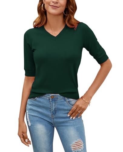 Image of Women Summer Knit Shirt Blouse V Neck Short Sleeve Pullover Sweater Tops