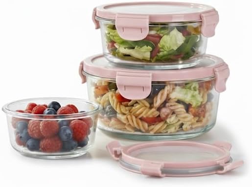 Glass Food Storage Containers Set of 3 with Airtight Pink Lids – Round Leakproof BPA Free Meal Prep Bowls – Microwave, Freezer & Dishwasher Safe