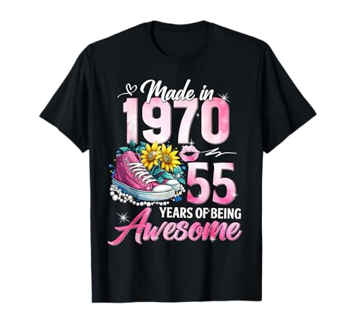 55th Birthday Queen Made in 1970 Gifts 55 Years Old Floral Camiseta