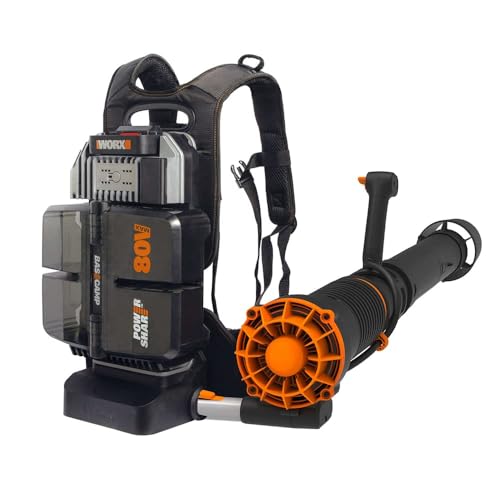 WORX Nitro WG572E - Soffiatore per foglie da 80 V (4 x 20 V/4000 mAh) con zaino a batteria e unità di ricarica Basecamp