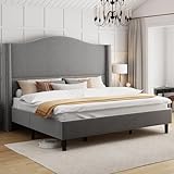 Jocisland Platform Bed Frame King Size Headboard Tall, Velvet Nailhead Trim Arched Wingback Upholstered/No Box Spring Needed/Easy Assembly/Grey