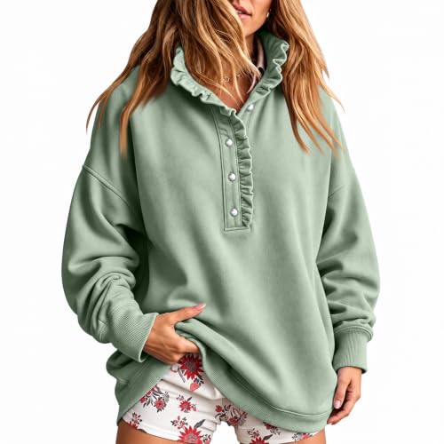 Womens Oversized Sweatshirt Snap Button Ruffle Collar Comfort Sweatshirt - image 1