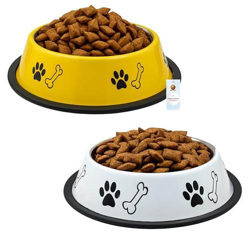 Image of Foodie Puppies Stainless Steel Dog Bowl Combo - (Medium, 700ml) Food and Water Feeding Gift Bowl | Suitable for Dogs, Cats and Other Pets I Paw Bone Print, Anti-Skid Rubber Base (White + Yellow)