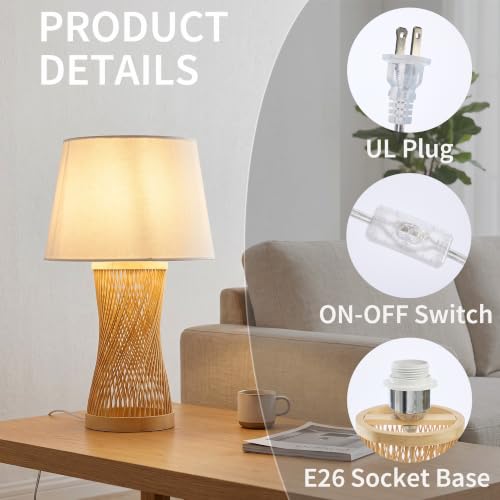 Image of Boho Table Lamp, 17 inch Bamboo Bedside Lamp for Living Room | Farmhouse Nightstand Lamp for Bedrooms, End Tables, Home Decor, Handwoven rattan Base, Linen Shade, E26 Socket