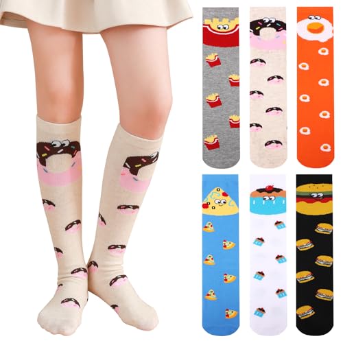 XEPST 6 Pairs Girls Knee High Socks - Colorful Cartoon Design Warm Cotton Knee Socks Mid-Calf Boot Socks Funny Socks Odd Socks Christmas Gifts for Girls 3-12 Years - One Size, Food Pattern