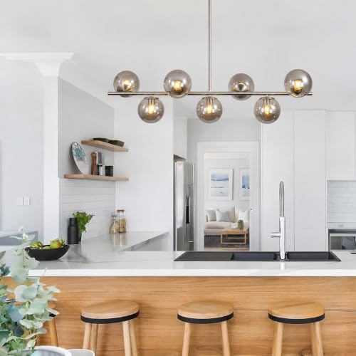 Image of KCO Lighting MCM Brushed Nickel Linear Sputnik Chandeliers for Dining Room | 31.5 inch Rod for Sloped Ceiling, 7W 3000K E26 Bulb Included, Smoke Gray Glass Globe Pendant Light for Kitchen Island Living Room