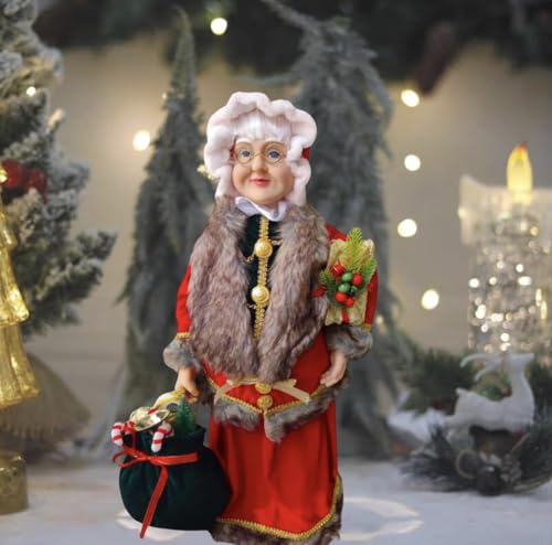 Decoração Natalina Mamãe Noel, Roupa Vermelha, Segurando Saco de Presentes e Enfeites, Enfeite Luxuo