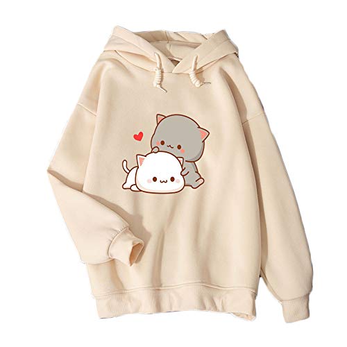 Women Kawaii Cat Pattern Hoodies Plus Size Autumn Animal Hooded Sweatshirt (Apricot,S)
