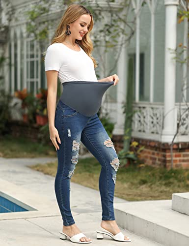 Maacie Women'S Maternity Jeans Skinny Butt Lift Slim Stretch Pants Over Belly With 4 Pockets Dark Blue M thumb #2