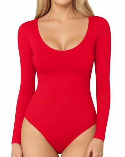 Image of MANGOPOP Women's Scoop Neck Long Sleeve Stretchy Basic Bodysuit Jumpsuits