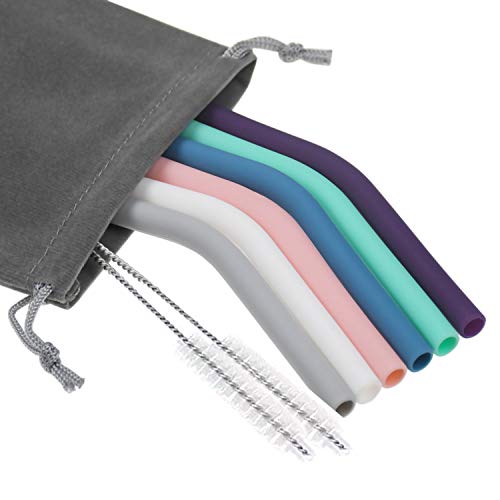 Senneny Set of 6 Silicone Drinking Straws for 30oz and 20oz - Reusable Silicone Straws BPA Free Extra Long with Cleaning Brushes- 6 Bent- 6mm Diameter