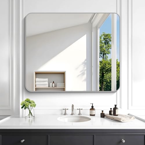Image of KOCUUY Silver Bathroom Mirror, 30x36 Inch Bathroom Mirror for Over Sink, HD Tempered Glass, Anti-Rust Brushed Silver Frame, Rounded Corner Modern Design for Bathroom, Hang Horizontal /Vertical