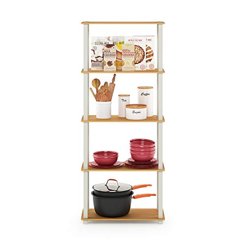 Image of Furinno Turn-N-Tube 5-Tier Multipurpose Shelf / Display Rack / Storage Shelf / Bookshelf, Square Tubes, Beech /White