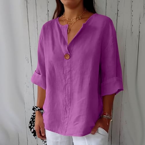 Women's Linen Shirt Button Down V Neck Trendy Solid Blouse 3/4 Sleeves Casual Loose Fit Tunic Tops Summer T Shirts2