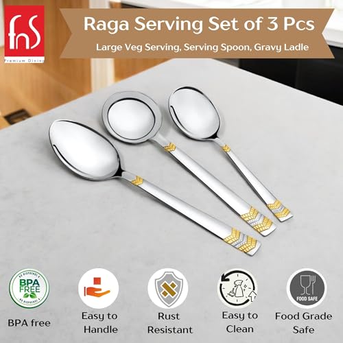 Image of FnS 3 Pcs Stainless Steel Serving Spoon Set | 24 Karat Gold Plated | 1 Large Serving Spoon, 1 Large Veg Serving Spoon & 1 Ladle | Kitchen Serving Utensils for Home, Dining, Restaurant & Hotel (Raga)