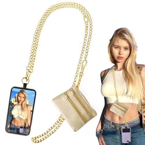 Image of XANGNIER Clip and Go Strap for Phone with Wallet Crossbody, Phone Strap with Zippered Wallet, Adjustable Anti Theft Cellphone Lanyard for Women, Cellphone Chain Accessories,Chain Gold